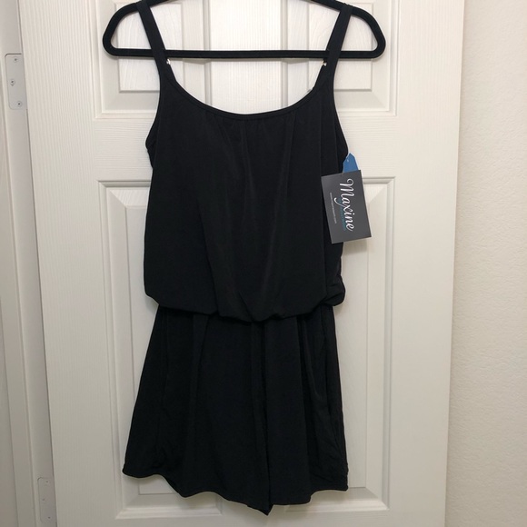 Maxine of Hollywood One Piece Swim Romper Women’s Size 8 Black Lined Pockets NWT - Picture 1 of 9